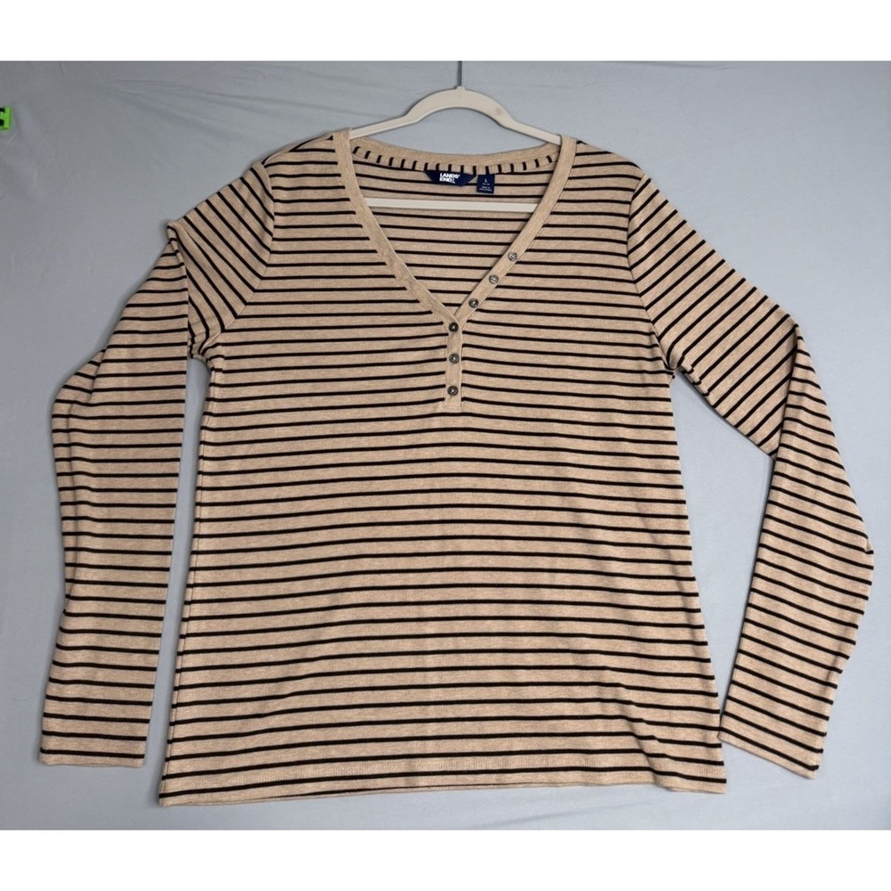 Lands' End Women's Brown Striped Waffle-Knit Button DetaiLong Sleeve Top Size L